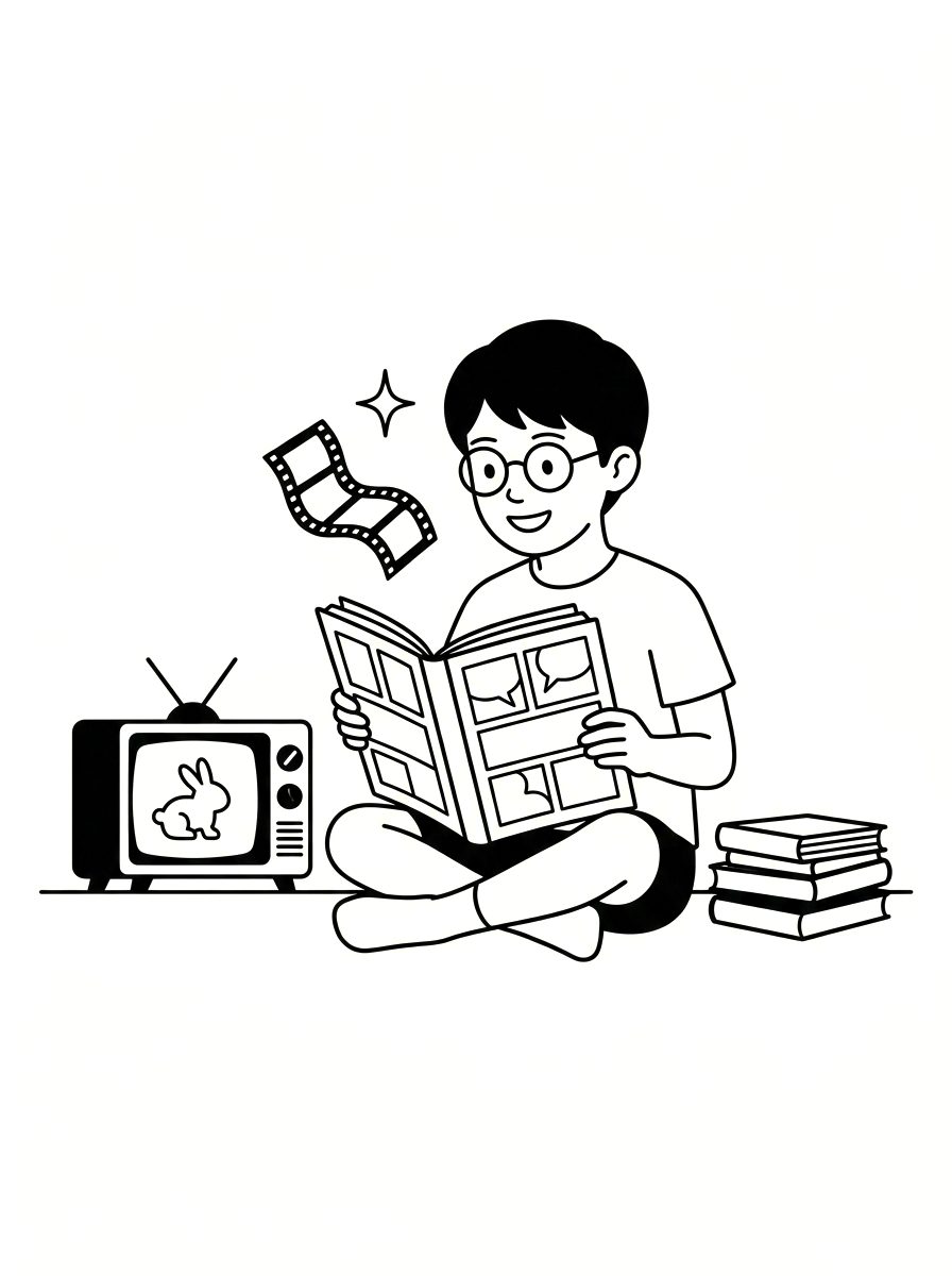 otávio b.m. criança, cercado de quadrinhos, TV e filmes